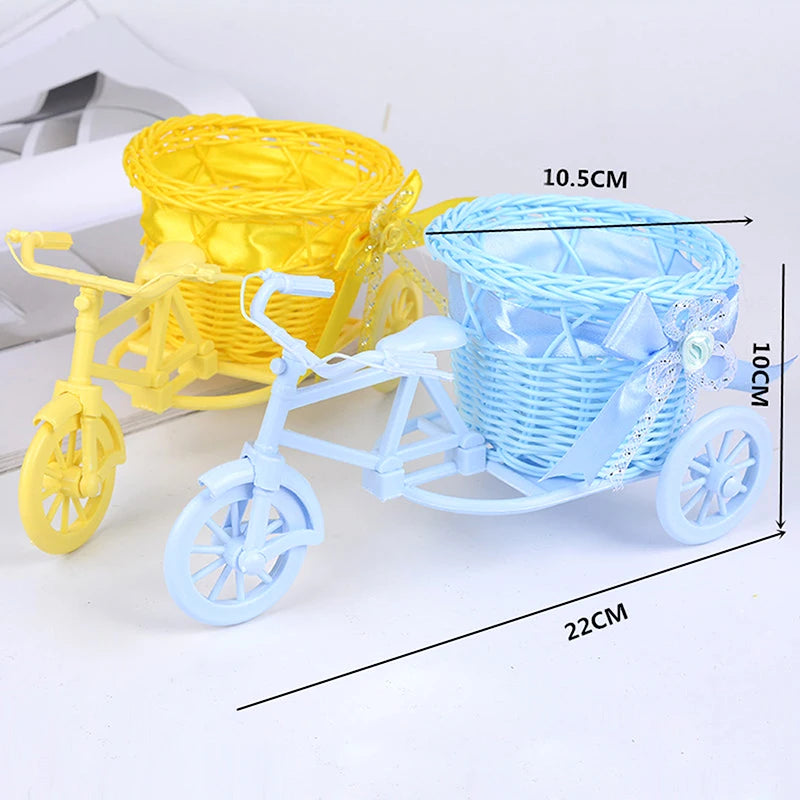 1Pc Rattan Bicycle Flower Basket Vase Storage Three-wheel Cute Flower Pot Ornament