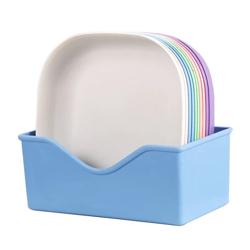 10 Square Dinner Plates with 1 Holder Food Plate Set Snacks Dessert Plastic Candy Cookie Storage Tray Straw Bone Spitting Plate