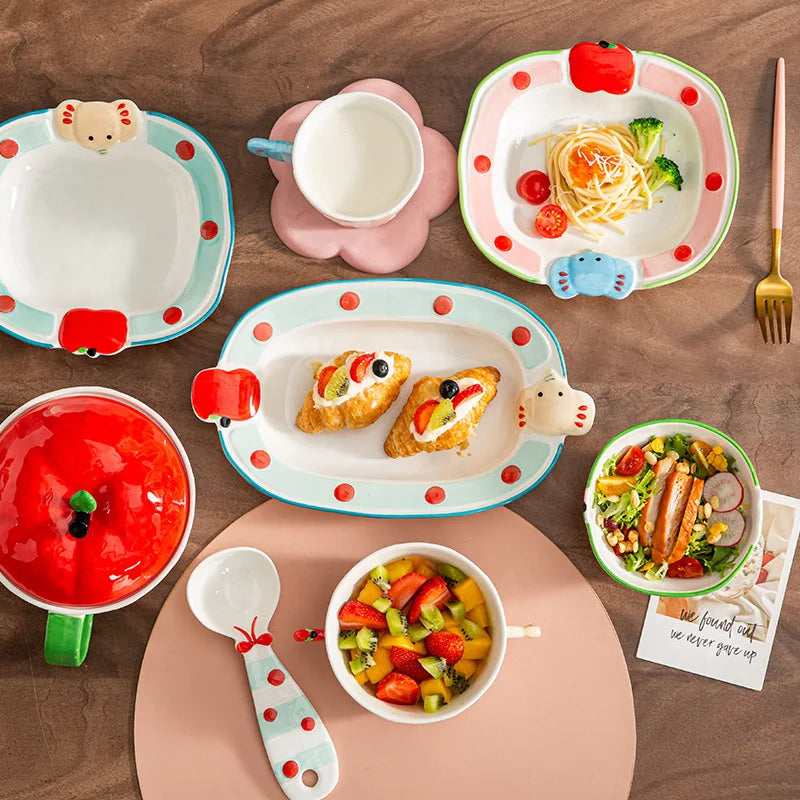 ‌Cute Apple Elephant Ramen Bowl-Microwave Safe Ceramic Tableware Set Cartoon Rice Noodle Dish Gift for New Home Pink Kitchenware