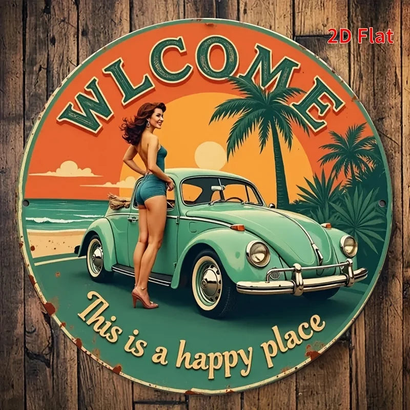 Vintage Metal Wall Art  Retro Beach Scene with Classic Car & Palm Trees, "Welcome" Sign for Home, Bar, Office, Restaurant,Decor