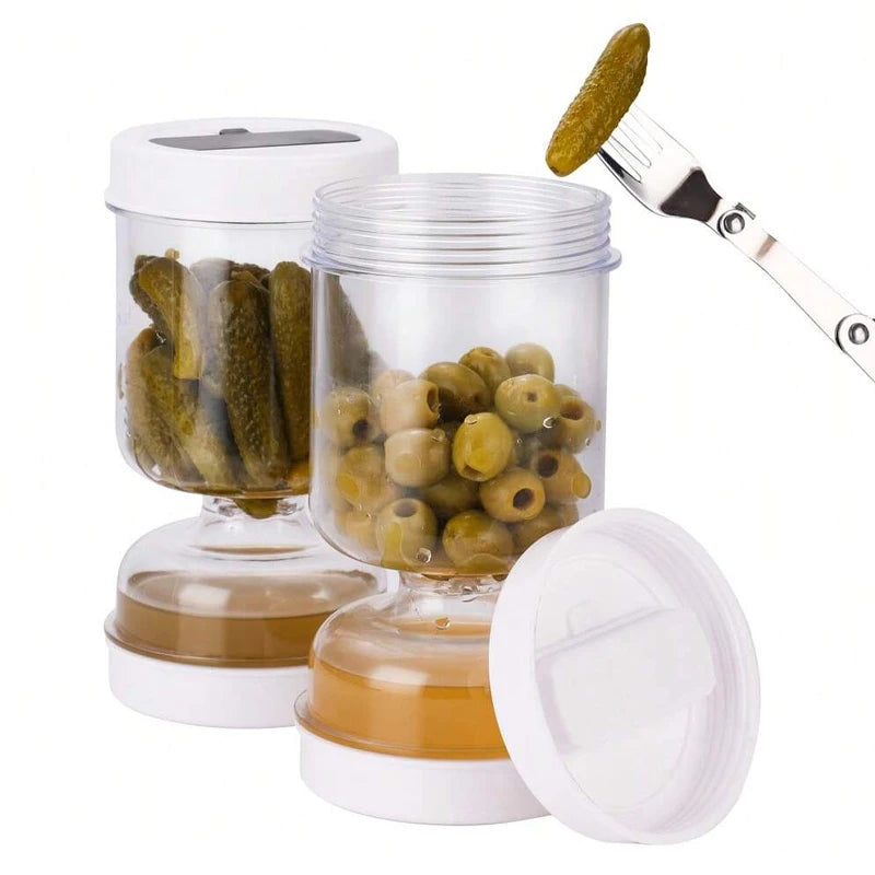 Pickles Jar With Forks Dry Wet Dispenser Pickle Olives Hourglass Cucumber Container Airtight Lids Kitchen Juice Separator Tool