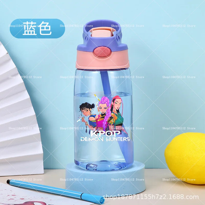 KPop Demon Hunters Drinking Glass Large Capacity Portable Plastic Mug Kids Cartoon Cute Sports Straw Drinking Cup Water Bottle
