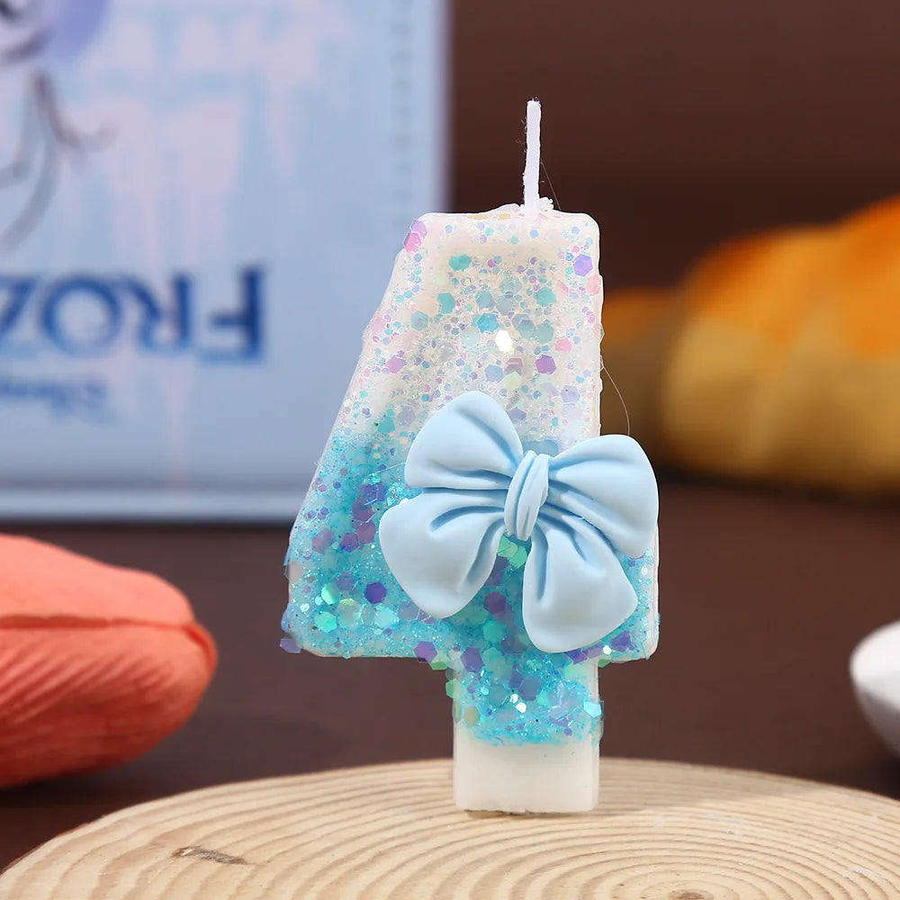 Blue and White Color Block Sequin Bow Digital Candle Birthday Party Cake Candle Creative Super Shiny Candle