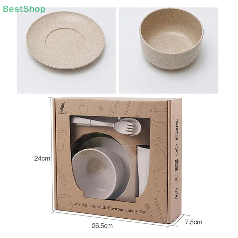 6 Pcs/Set Wheat Straw Baby Tableware Children Food Dishes Bowl Feeding Infant Learning Dinnerware Spoon Chopsticks Fork Cup New