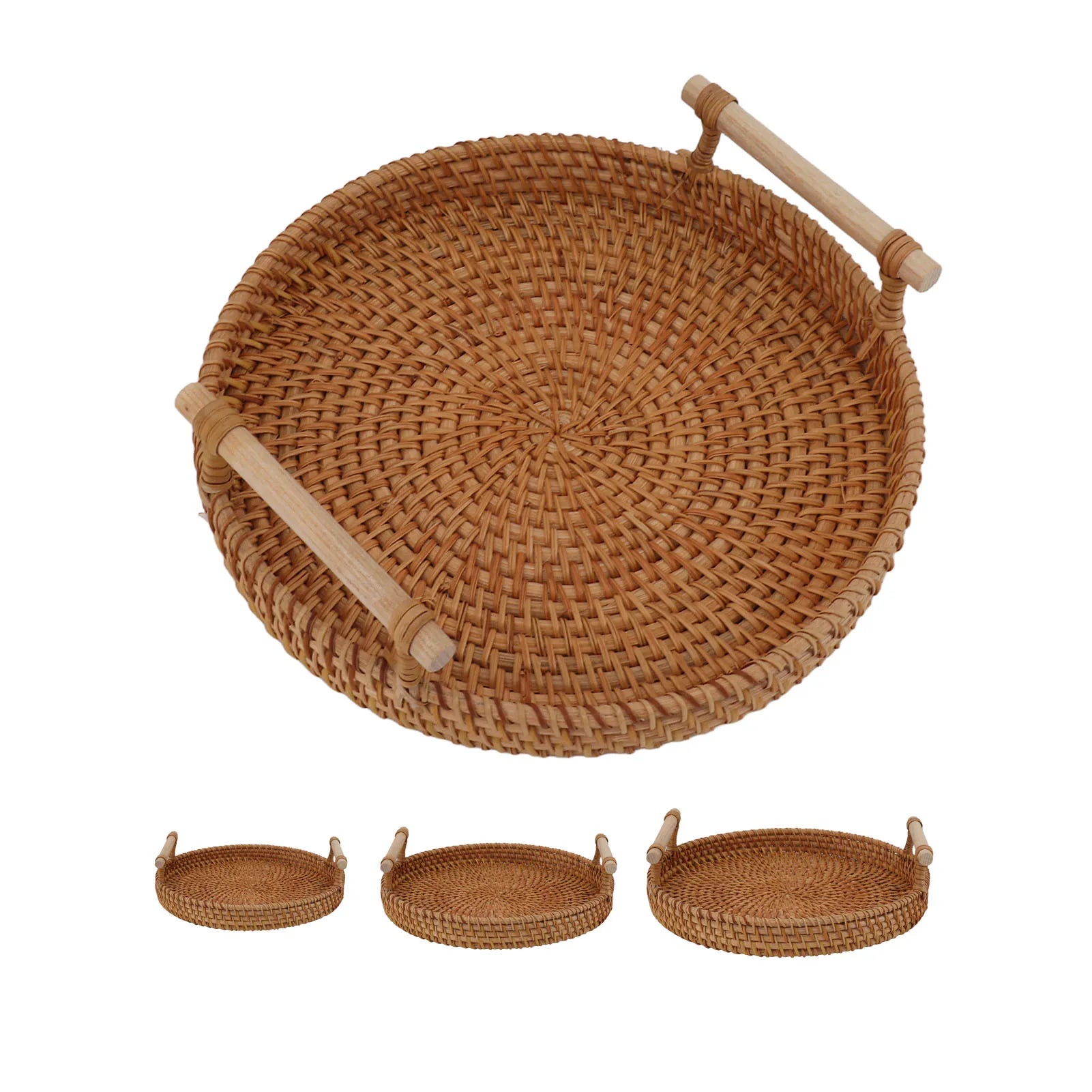 Coffee Table Decorative Tray Traditional Design Round Serving Tray with Solid Wood Handle Hand Woven Large Capacity for Home