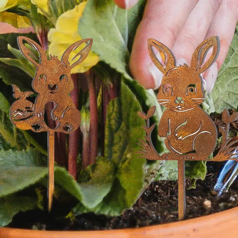Iron Art Rabbit Garden Stakes Easter Rabbit Silhouette Set Outdoor Garden Backyard Decor Rabbit Figurine Flower Pot Grass Plugin