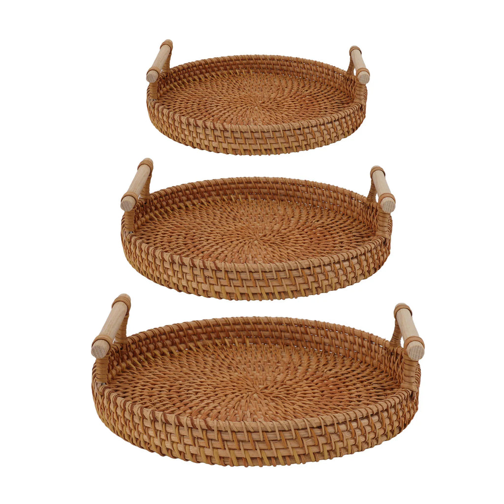 Coffee Table Decorative Tray Traditional Design Round Serving Tray with Solid Wood Handle Hand Woven Large Capacity for Home
