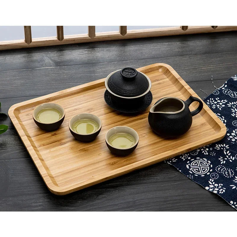 Square and Round Bamboo Storage Tray for Home Use, Tea Coffee Cup Tray Breakfast Dinner Plate Bread Fruit Cake Food Serving Tray