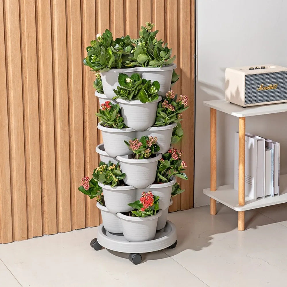 New Vertical Tower Stackable FlowerPot Plastic with Movable Casters Flower Pot Multi-layer Strawberry Planter Tower Home Garden
