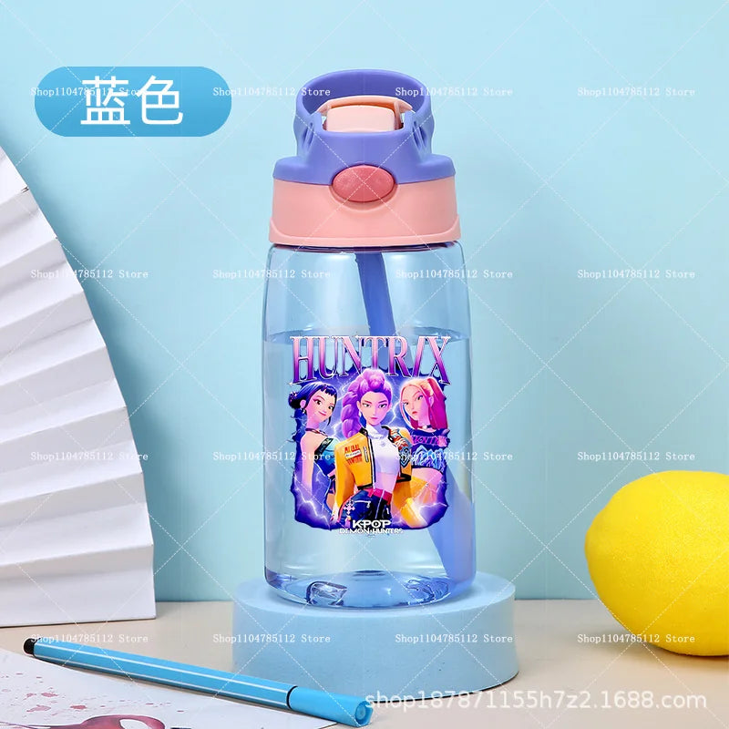 KPop Demon Hunters Drinking Glass Large Capacity Portable Plastic Mug Kids Cartoon Cute Sports Straw Drinking Cup Water Bottle