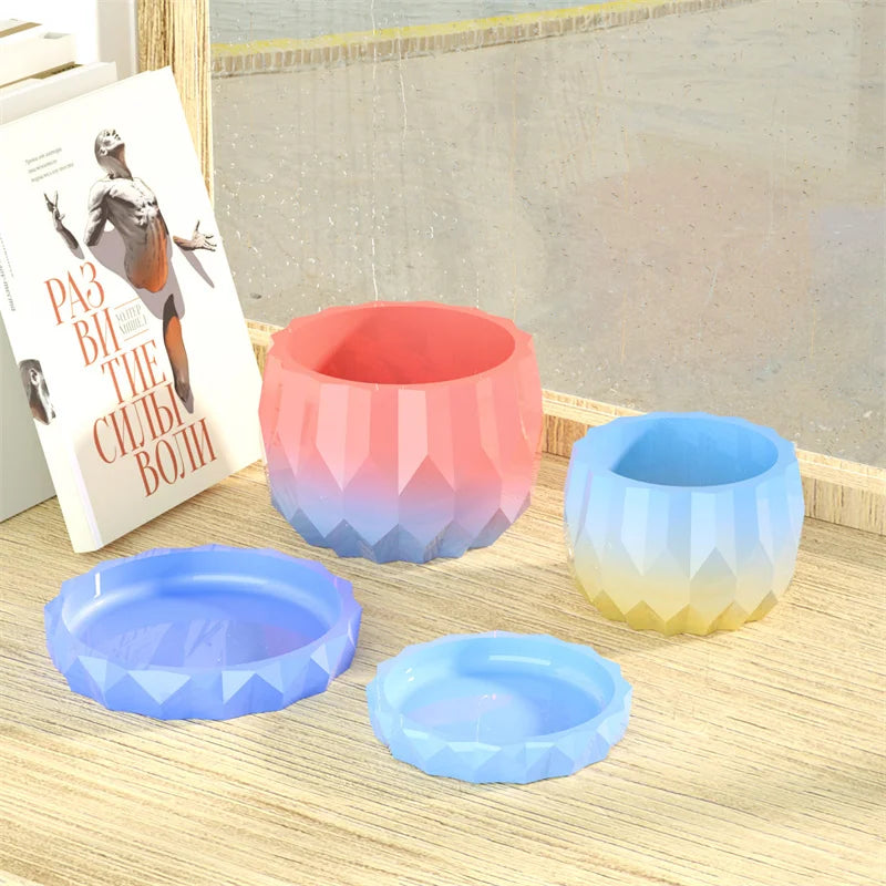 1 Set Silicone Planter Molds For Concrete Flower Pot And Saucer DIY Diamond Shaped Faceted Vase Silicone Molds Garden Decoration