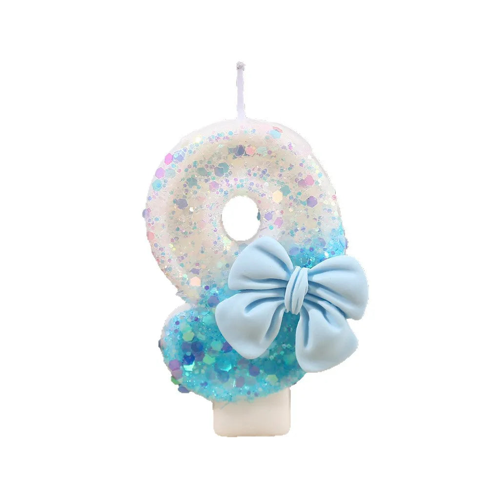 Blue and White Color Block Sequin Bow Digital Candle Birthday Party Cake Candle Creative Super Shiny Candle