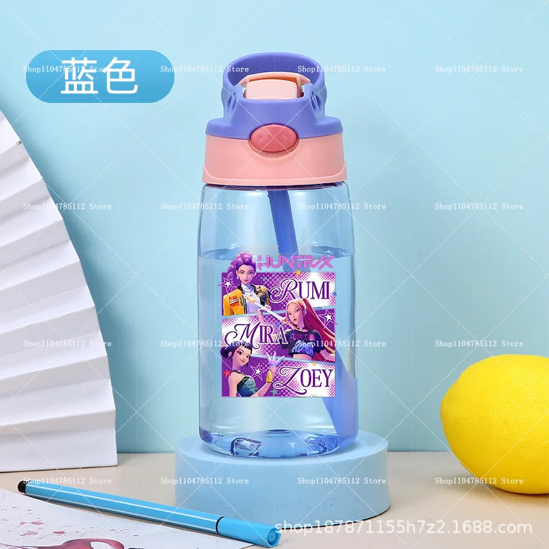 KPop Demon Hunters Drinking Glass Large Capacity Portable Plastic Mug Kids Cartoon Cute Sports Straw Drinking Cup Water Bottle