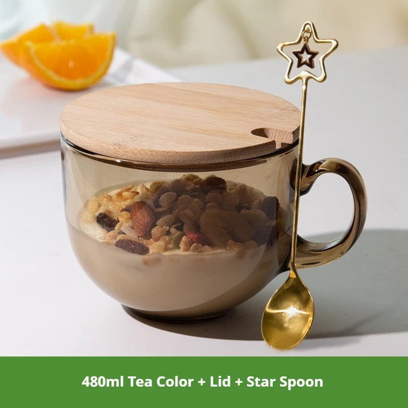 480ml Transparent Creative Glass Coffee Tea Mug Drinks Dessert Breakfast Milk Cup Glass Mugs Handle Drinkware With Cup Lid Spoon