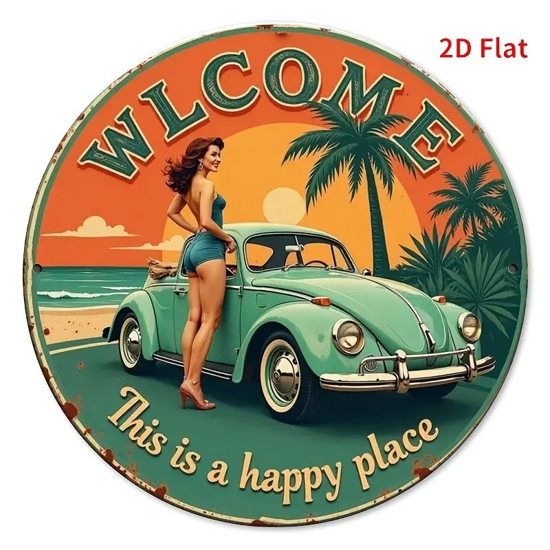 Vintage Metal Wall Art  Retro Beach Scene with Classic Car & Palm Trees, "Welcome" Sign for Home, Bar, Office, Restaurant,Decor