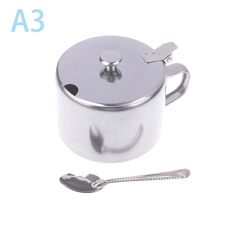 Practical Stainless Steel Sugar Bowl With Handle Lid Spoon Dustproof Waterproof Seasoning Jar Kitchen Restaurant Spice Container