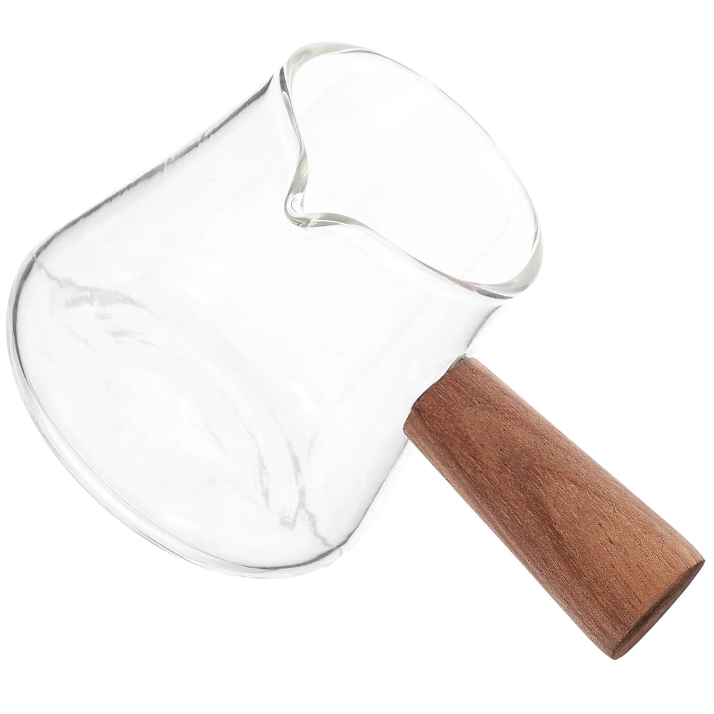 Glass Milk Creamer Pitcher Wood Handle Elegant Design No Drip Mouth Suitable for Coffee Dairy and Tableware Milk Pitcher Cup