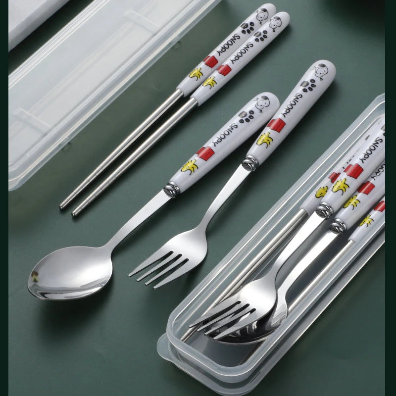4Pcs/Set Snoopy Tableware Set Stainless Steel Fork Spoon Chopsticks Outdoor Portable Travel Camping Cutlery with Storage Box