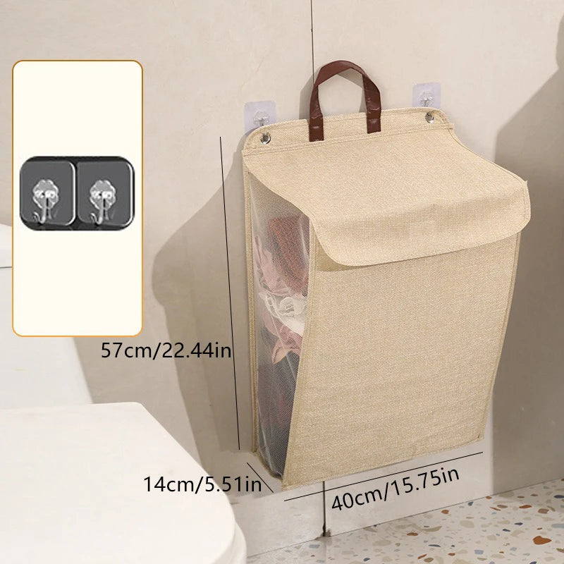 Washing Clothes Mesh Hook Organizer Foldable Adhesive Laundry Basket Hamper, Multifunctional Punch Free Wall Hanging