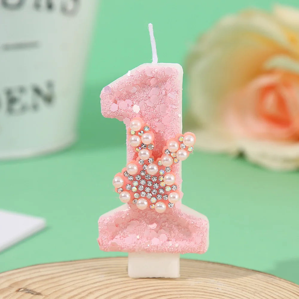Pearl Hot Diamond Rabbit Ear Cake Candle Creative Handmade DIY Pink Girl Heart Digital Candle Party Wedding Atmosphere Decor