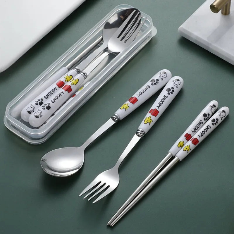 4Pcs/Set Snoopy Tableware Set Stainless Steel Fork Spoon Chopsticks Outdoor Portable Travel Camping Cutlery with Storage Box