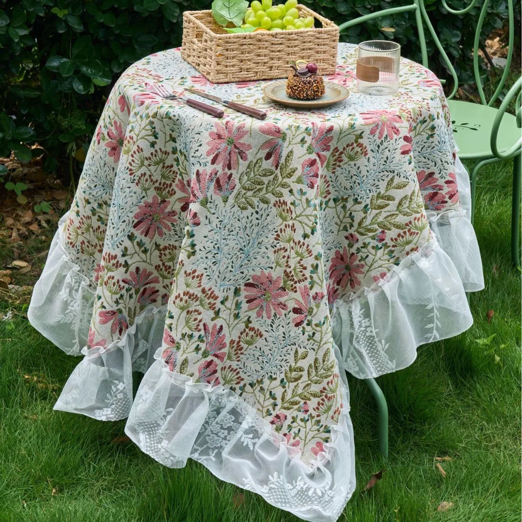 Floral Tablecloth with Lace Trim Flower Jacquard Rectangular Dinner Table Cover,for Kitchen Dinning Tabletop,Home Parties Decor