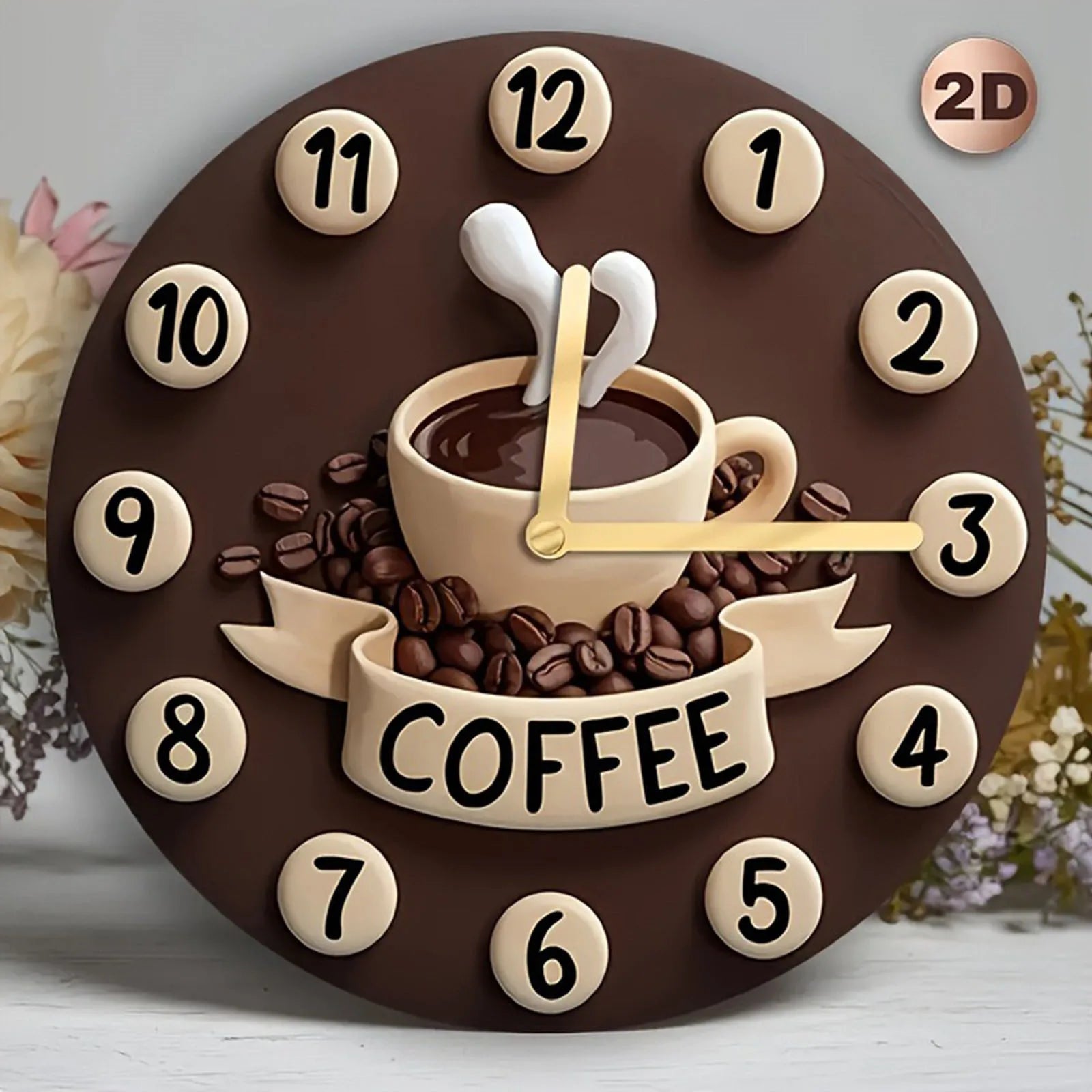 2D Coffee Cup Clock Fashion Simple Silent Hanging Ornament Wooden Wall Clock for Farmhouse Home Kitchen Home Cafe Decoration