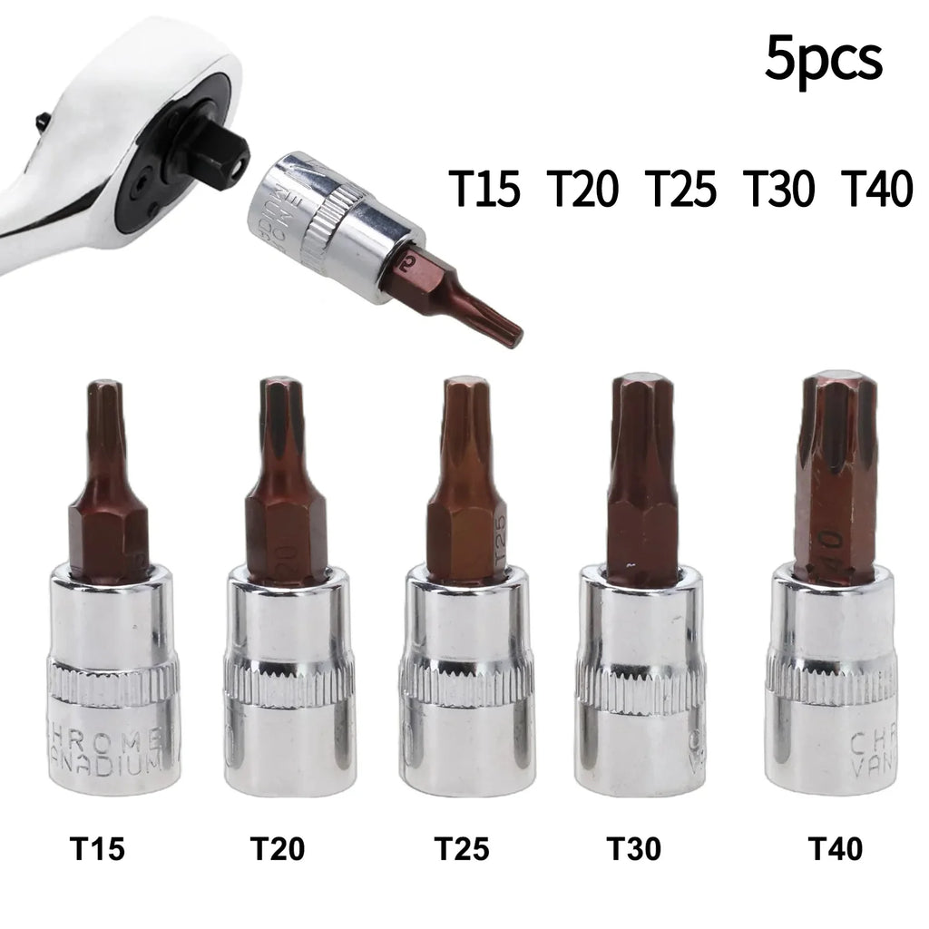 5 Pcs Torx Screwdriver Bits 1/4 Inch Drive Socket Head Tools T15 T20 T25 T30 T40 Socket Wrench Adapter Hand Tools