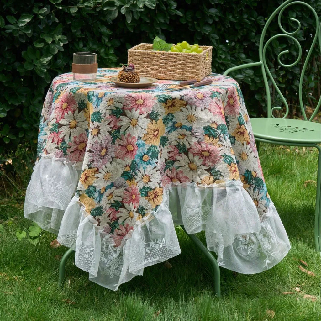 Floral Tablecloth with Lace Trim Flower Jacquard Rectangular Dinner Table Cover,for Kitchen Dinning Tabletop,Home Parties Decor