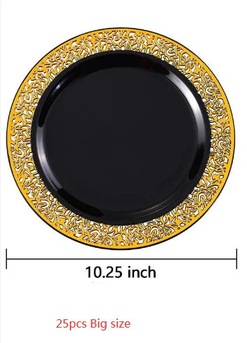 Black Plastic Plates with Gold Rim-Lace Design Party Plates Disposable Dinner Plates,Salad/Dessert Plates for Weddings &Parties