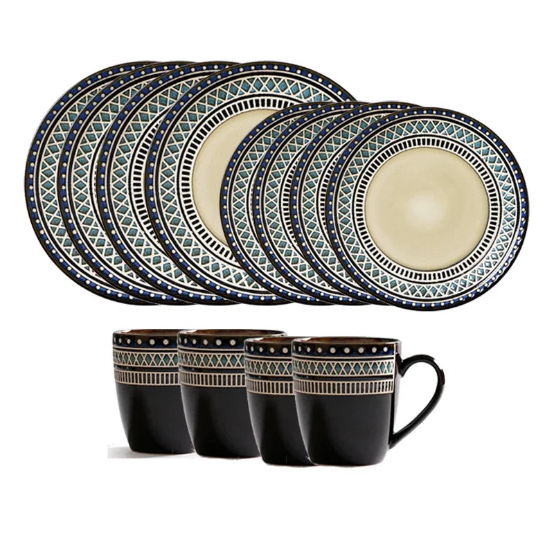 Moroccan Ceramic Tableware Set Bohemian plate set dinnerware Porcelain Round Bowl Oval Plate and mug