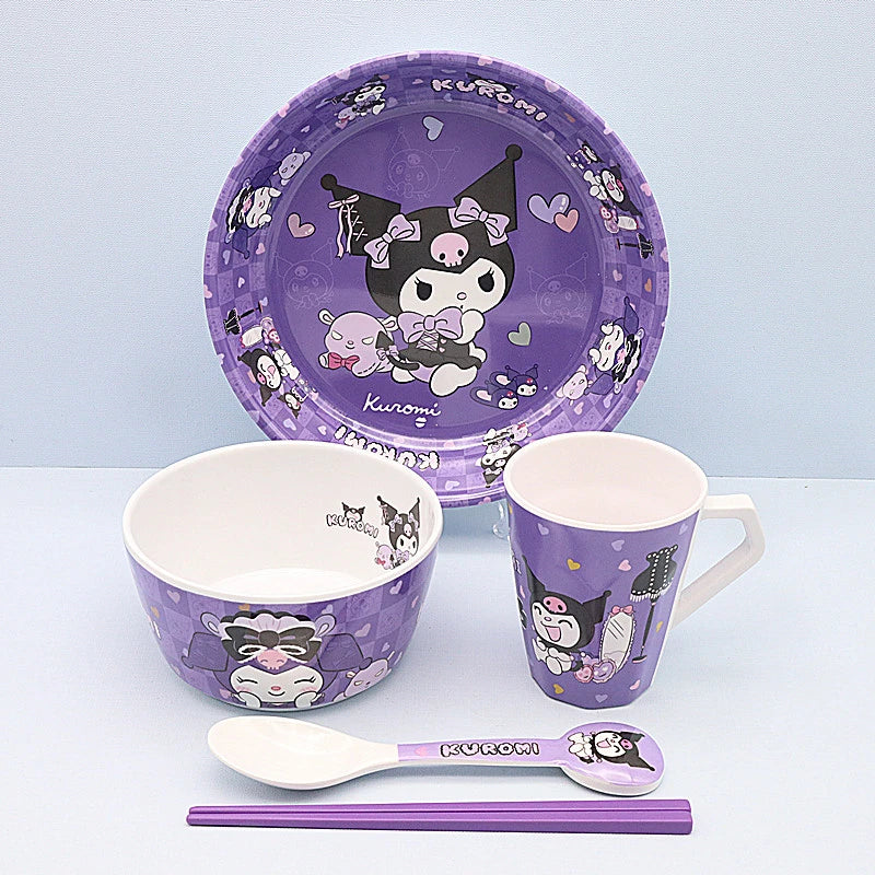 Cute Cartoon Sanrios Kuromi Tableware Bowl Plate Cup Chopsticks Spoon A Set Fashion Imitation Porcelain Tableware Good-Looking