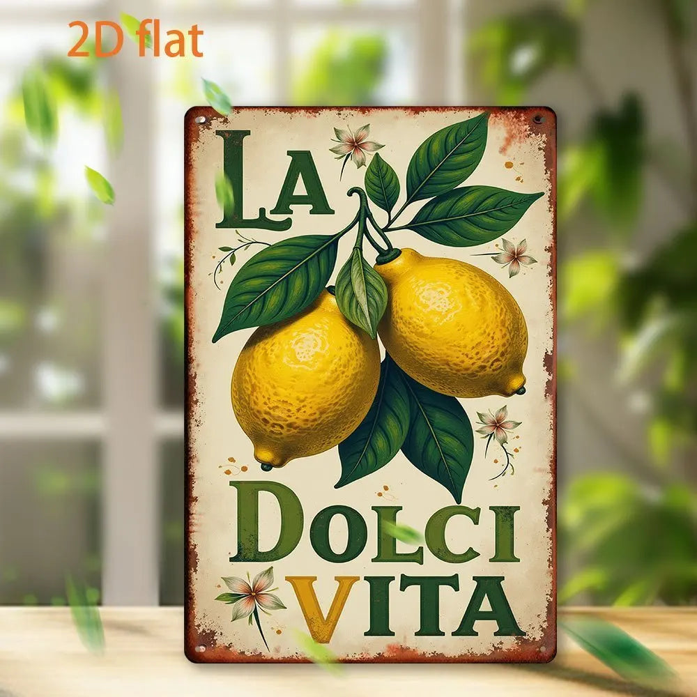 2D Flat, 1pc Vintage Italian-Inspired Amalfi Lemon& Flower Metal Tin Wall Art- Rustic 19.81cm x 29.97cm Indoor/Outdoor Decor wit