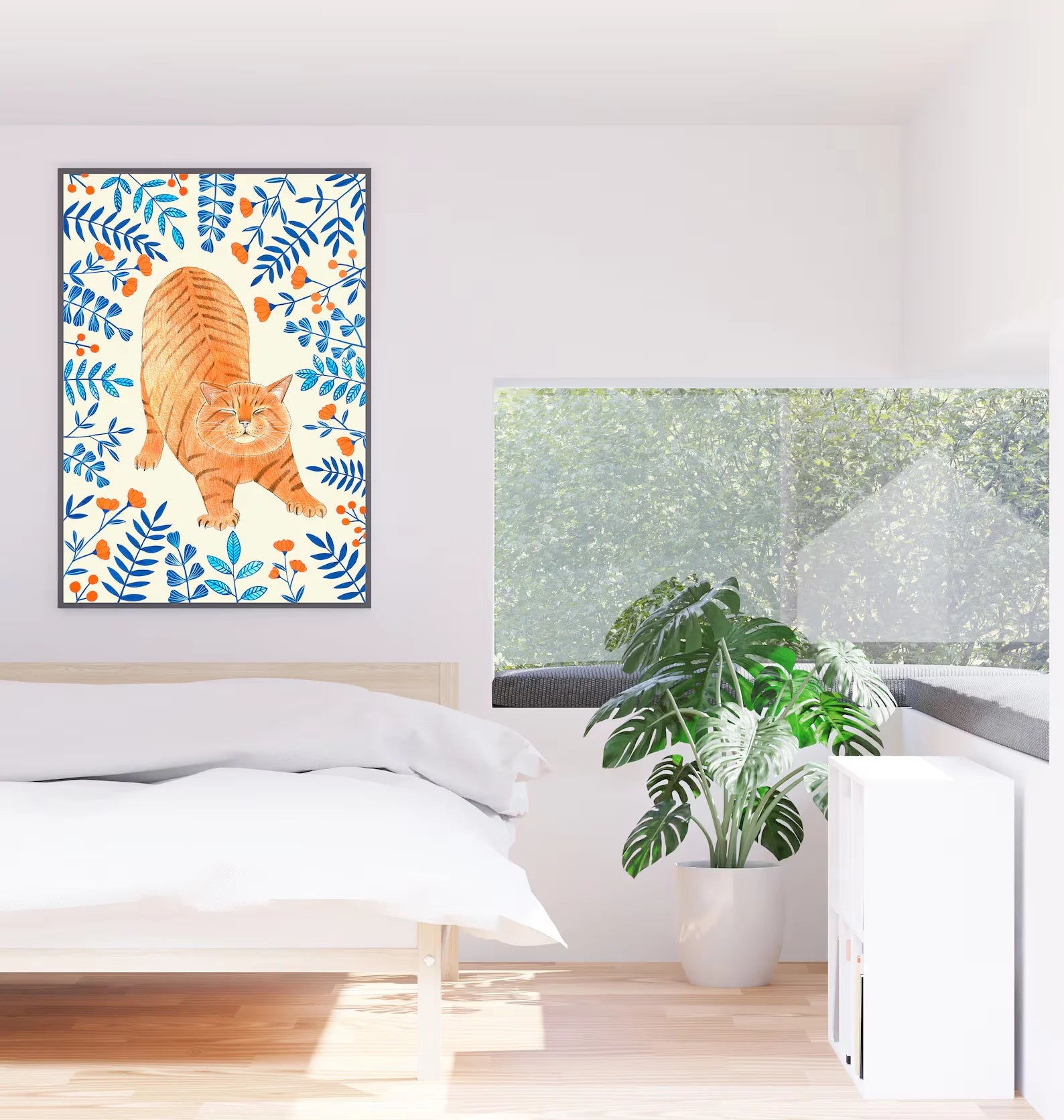 Ginger cat wall art, Floral art print, Orange cat painting, Kitten illustration, Animal artwork, Nursery prints, Flowers wall de