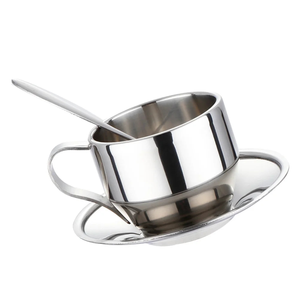 3Pcs Stainless Steel Tea Cup Coffee Cup Set Plate Spoon Ergonomic Handle Safe Material Perfect for Daily Coffee Tea