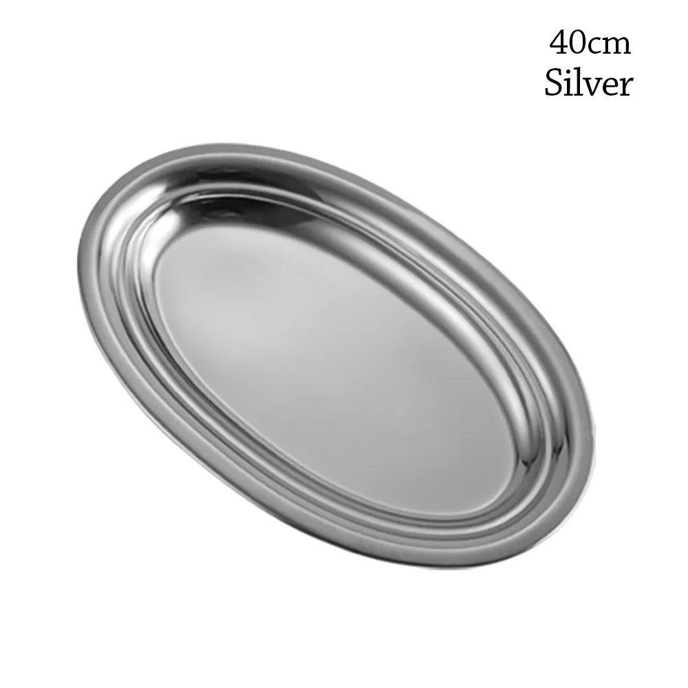 Durable 304 Stainless Steel Food Storage Serving Tray Multi-Size Ellipse Baking tray Large Capacity BBQ pan for Cooking Serving