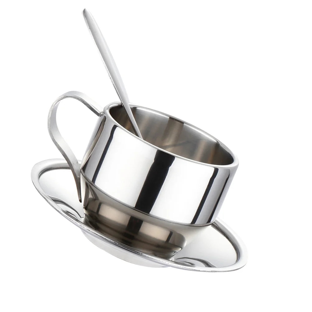 3Pcs Stainless Steel Tea Cup Coffee Cup Set Plate Spoon Ergonomic Handle Safe Material Perfect for Daily Coffee Tea