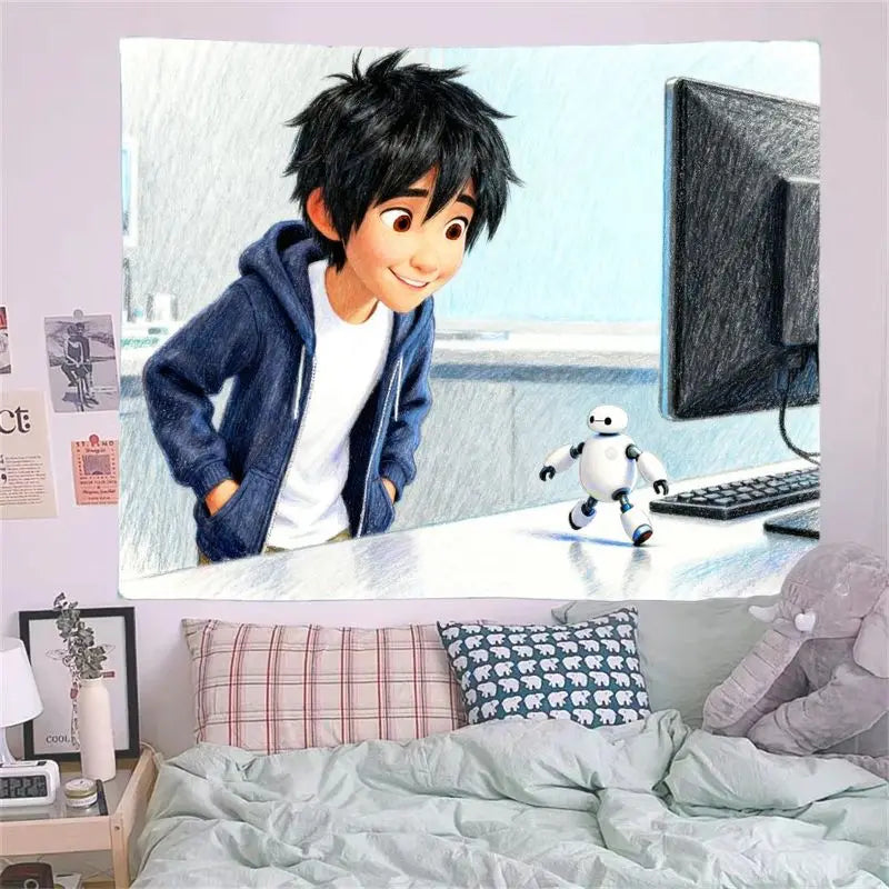 1PC Big Hero 6 Hiro Hamada Baymax Anime Tapestry, Modern Polyester Wall Art Decor for Kids Room Bedroom Dorm, Movie Fan Gift