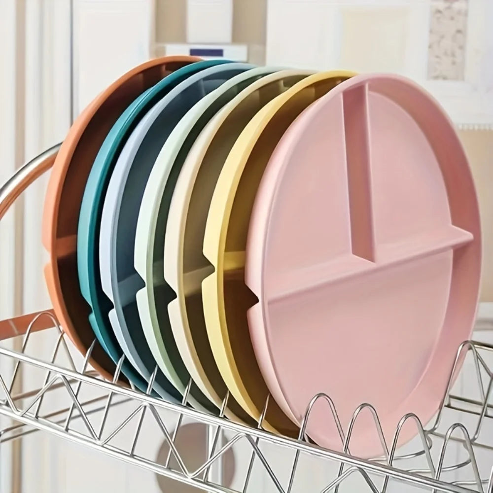 5pcs Dinner Plate, Unbreakable 8.94inch Wheat Plastic Round Gridded Dinner Plate, Divided Plate, Picnic Plate, Salad Plate, Dish