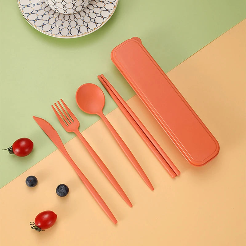 4Pcs/Set Portable Utensils With Box Healthy Eco-Friendly Wheat Straw Cutlery Reusable Chopstick Fork Knife Spoon Tableware Set