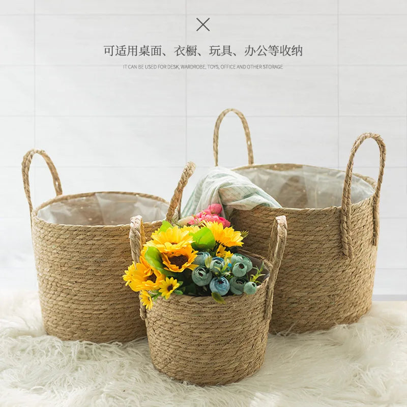 Handmade Woven Planter Basket Laundry Storage Decorative Basket Straw Wicker Rattan Seagrass Garden Flower Pot Storage Basket