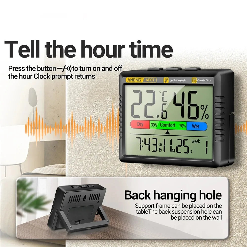 ANENG AP01 Digital Air Thermometer Hygrometer Desktop Alarm Clock Mini Table Thermohygrometer With High Definition Screen