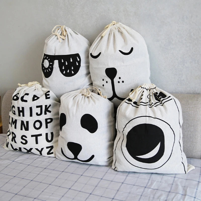 Linen Cotton Laundry Bag Animal Stripe Drawstring Backpack Cartoon Toy Storage Bag Drawstring Dirty Clothes Bag Organizer Pouch