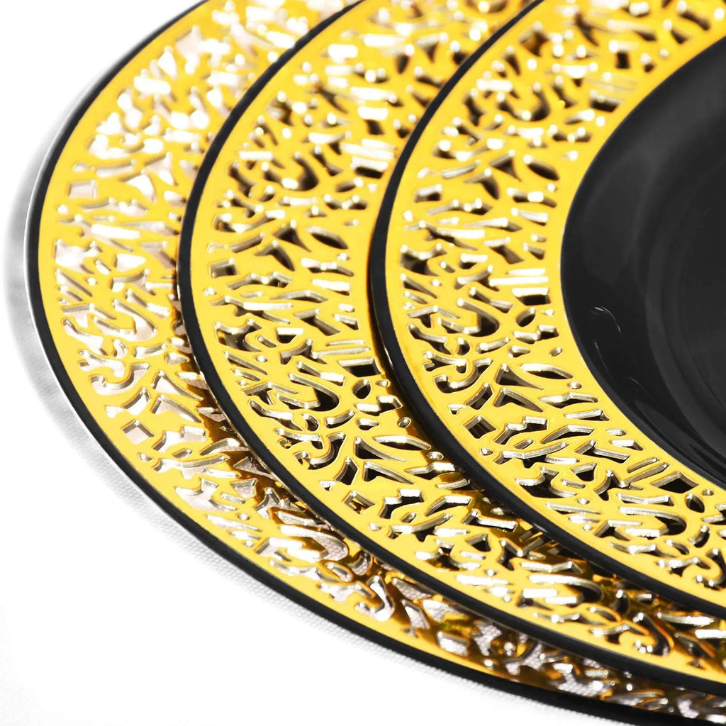 Black Plastic Plates with Gold Rim-Lace Design Party Plates Disposable Dinner Plates,Salad/Dessert Plates for Weddings &Parties