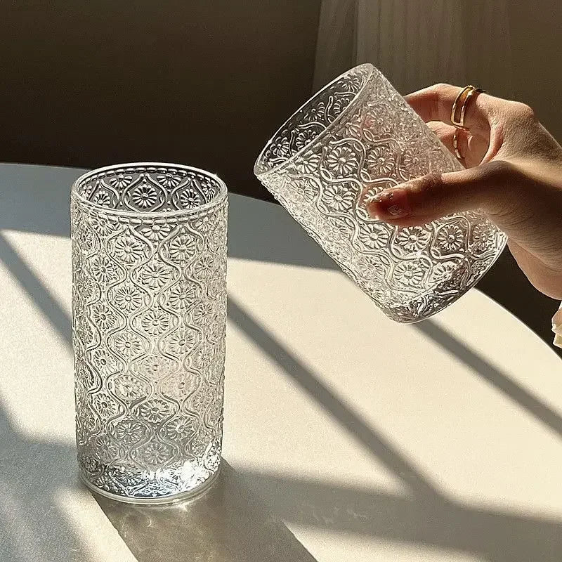 Ins Begonia Carved Glass Simple Ice American Latte Cup Milk Drink Cup Household Water Cup