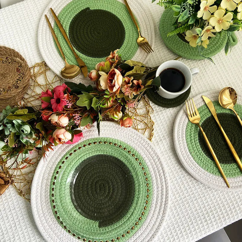 Colored Placemat Pastoral Style Thickened Insulation Cotton Linen Woven Table Mat Heat Resistant Anti Scalding Sand Pot Cup Mat