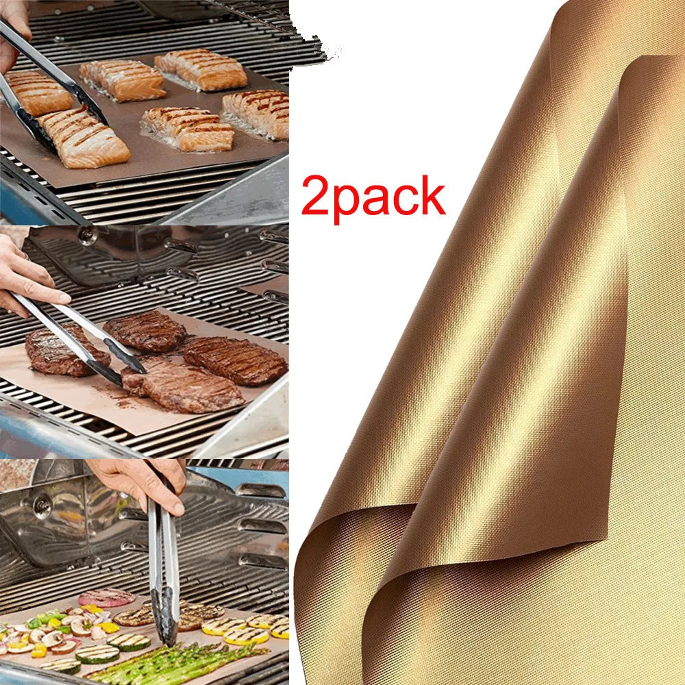 2 pcs Reusable Nonstick Bbq Grill Mat 16X13.8In For Vegetables Bacon Fish Kebabs Outdoor Grilling Baking Sheet Cooking Tool