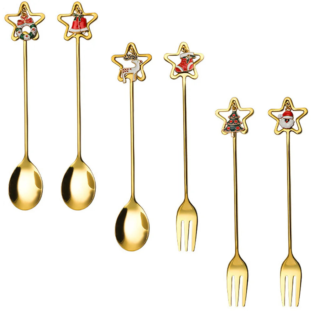 1Set Stainless Steel Christmas Spoon Fork Set Coffee Dessert Cutlery Multipurpose Metal Spoon Fork Christmas Dinnerware