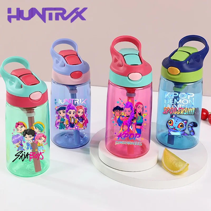 KPop Demon Hunters Drinking Glass Large Capacity Portable Plastic Mug Kids Cartoon Cute Sports Straw Drinking Cup Water Bottle