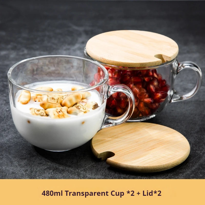480ml Transparent Creative Glass Coffee Tea Mug Drinks Dessert Breakfast Milk Cup Glass Mugs Handle Drinkware With Cup Lid Spoon